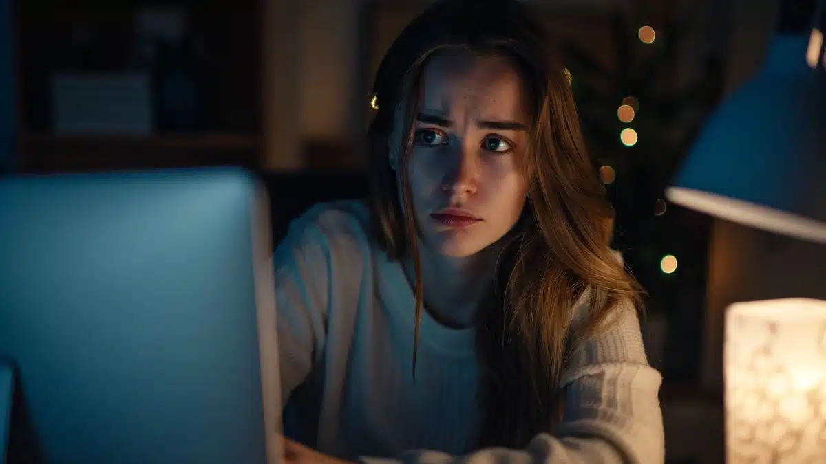Worried woman looking at her computer screen with VPN connection error.