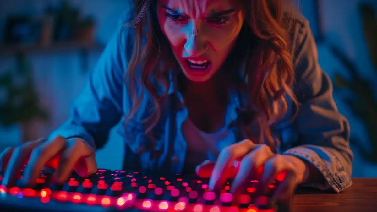 Woman angrily typing on keyboard as VPN fails to connect.